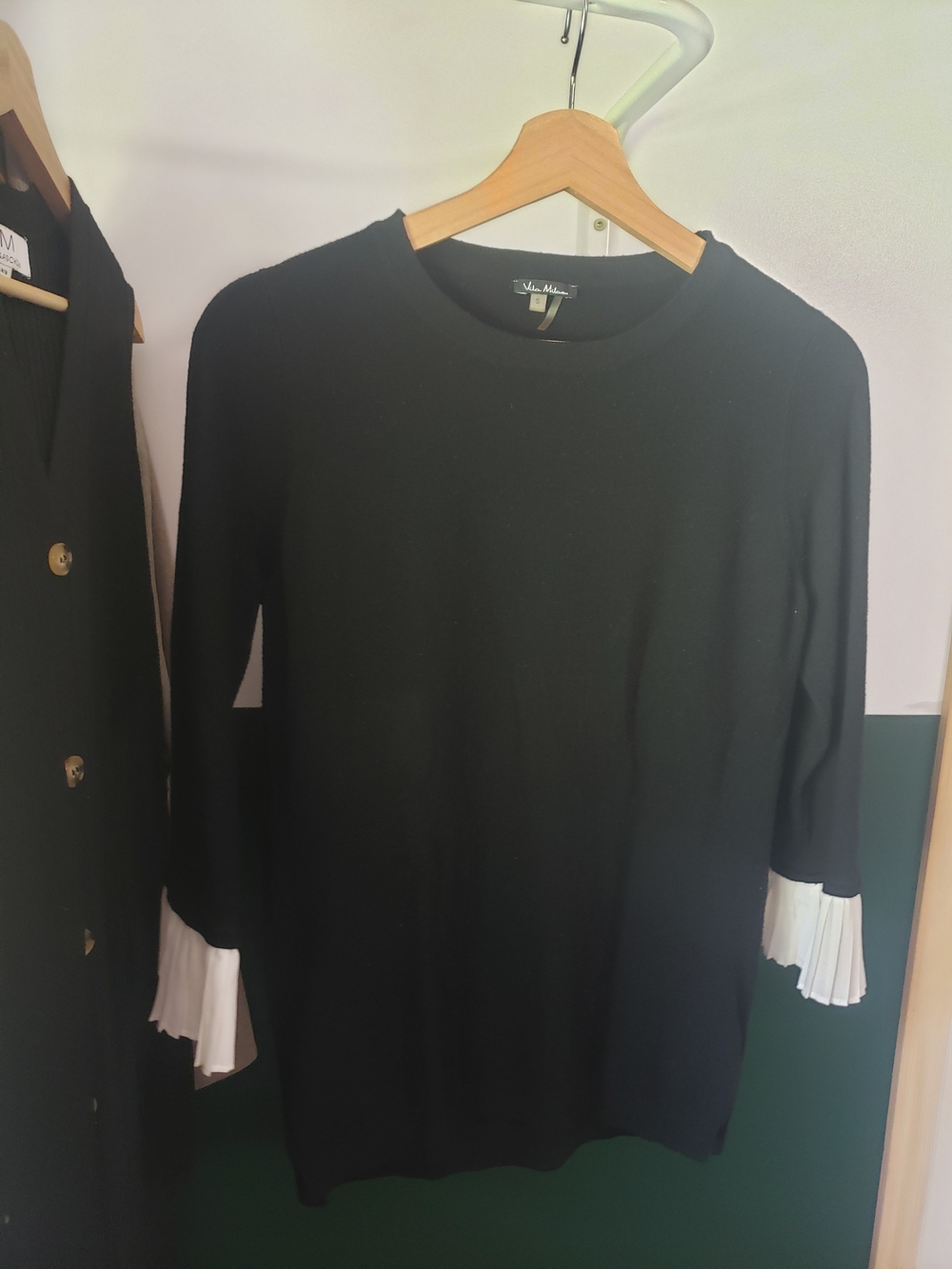 Milano Black 3/4-Sleeve Sweater with White Pleated Cuffs